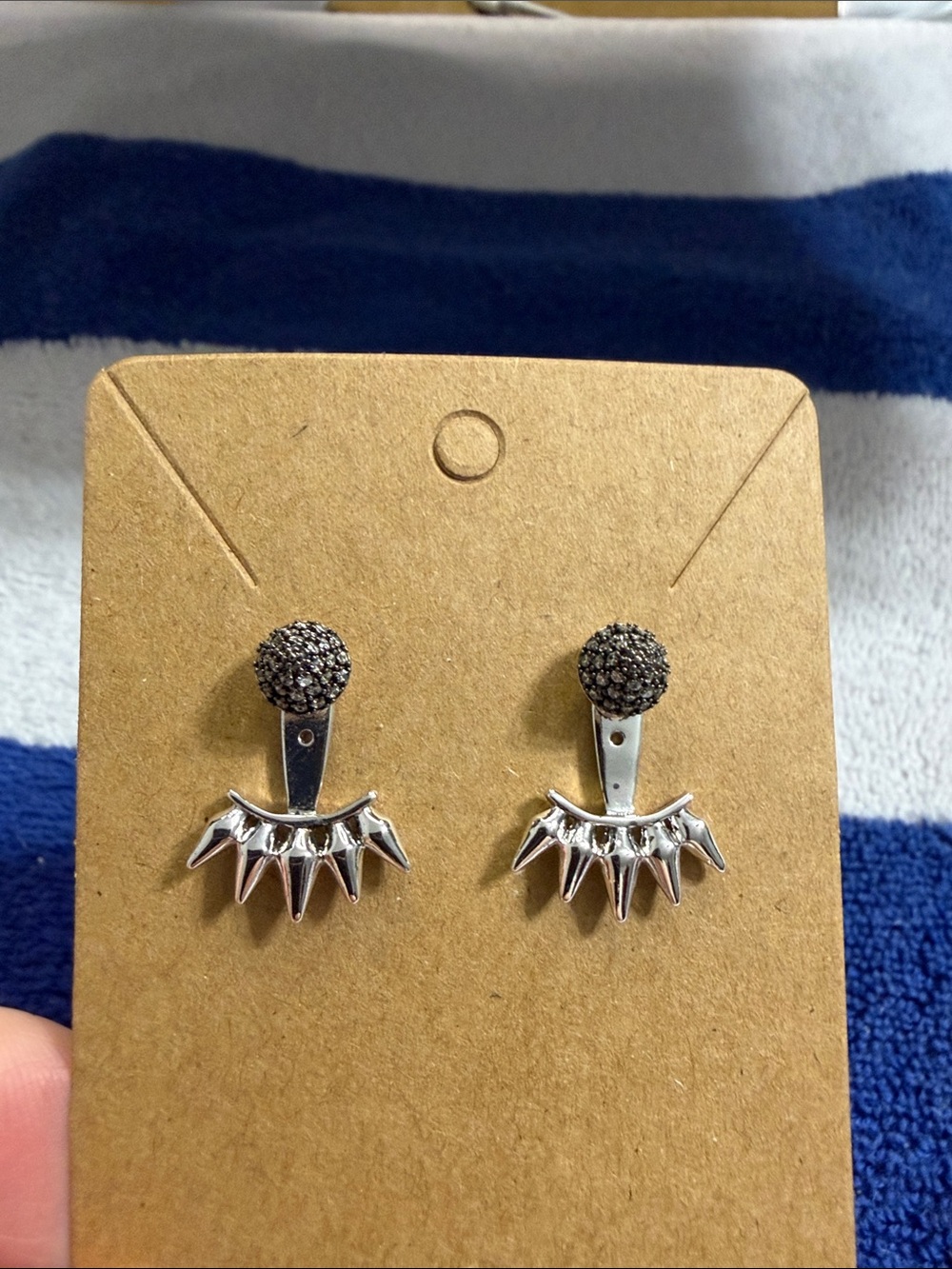 Silver Tone Spike Ear Jacket Earrings with Pavé Studs